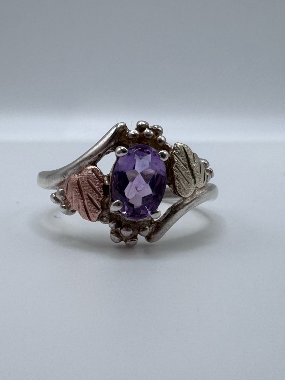 Sterling Silver 925 and 12K Gold Leaf Amethyst Gemstone Ring Sz 6.75